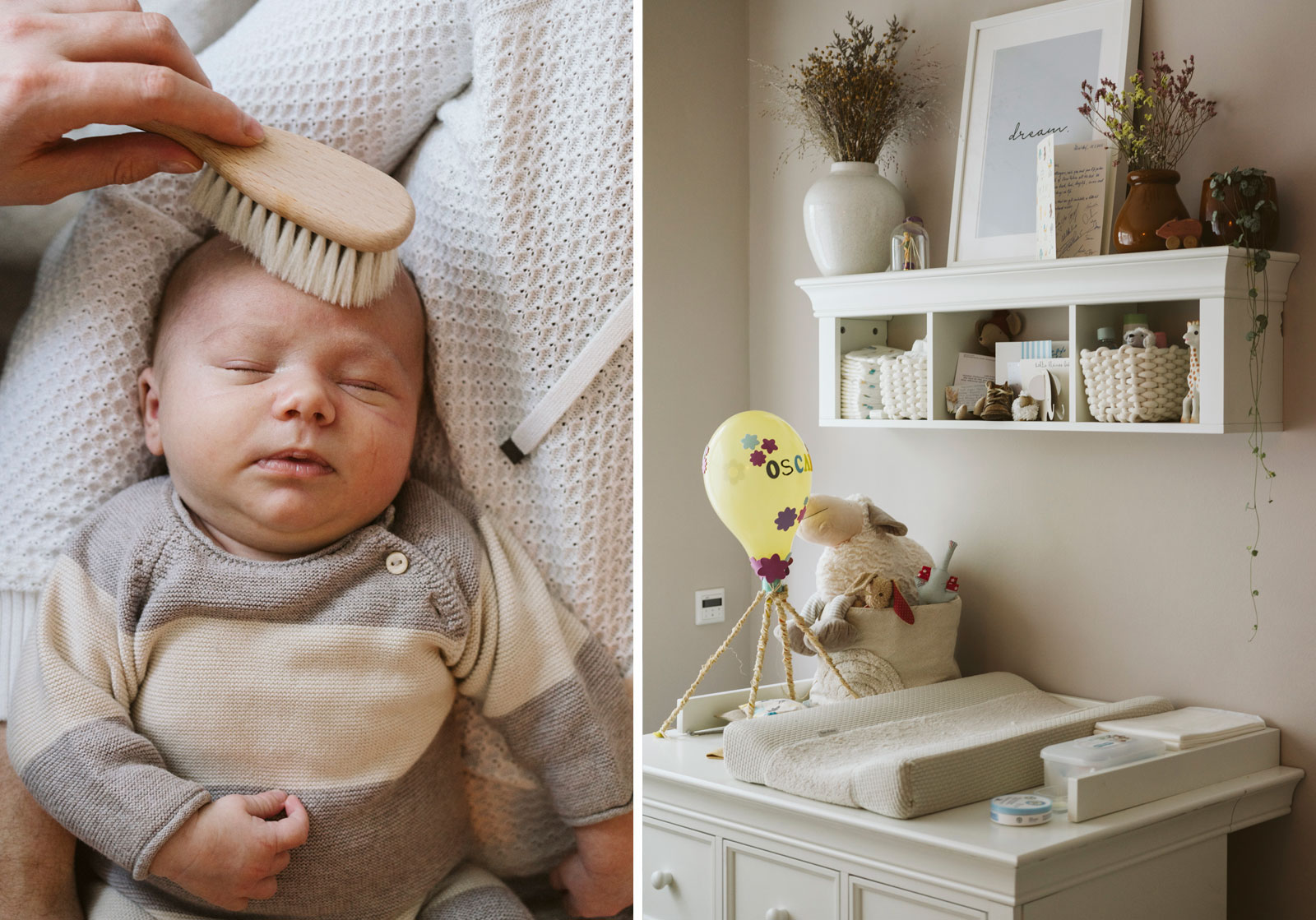 newbornhomestory-biszummondundwiederzurueck-duesseldorf10 Links: Aufnahme eines schlafenden Saeuglings auf dem Arm des Vaters. Die hand der Mutter fuehrt behutsam eine Buerste am Kopf des Babys. Rechts: Ein Wickeltisch mit Dekoration