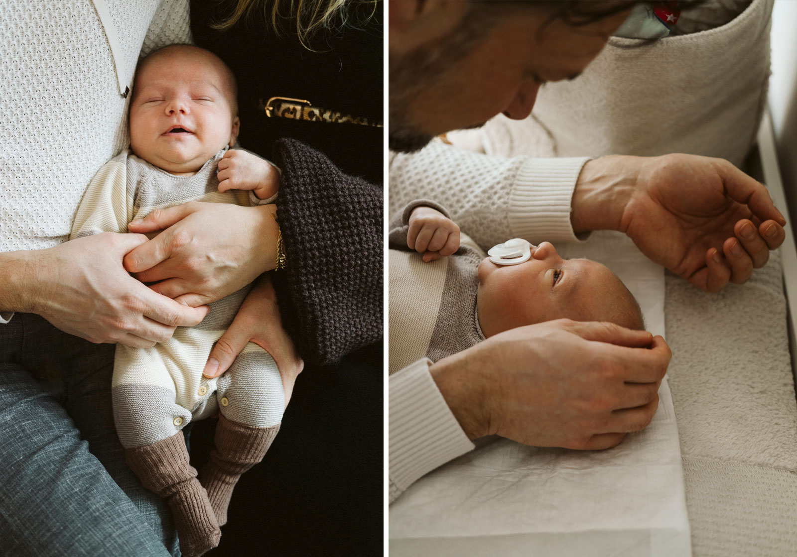 newbornhomestory-biszummondundwiederzurueck-duesseldorf15 Links: Aufahme eines Babys auf dem Schoss des Vater. Rechts: Vater beruhigt das Baby.