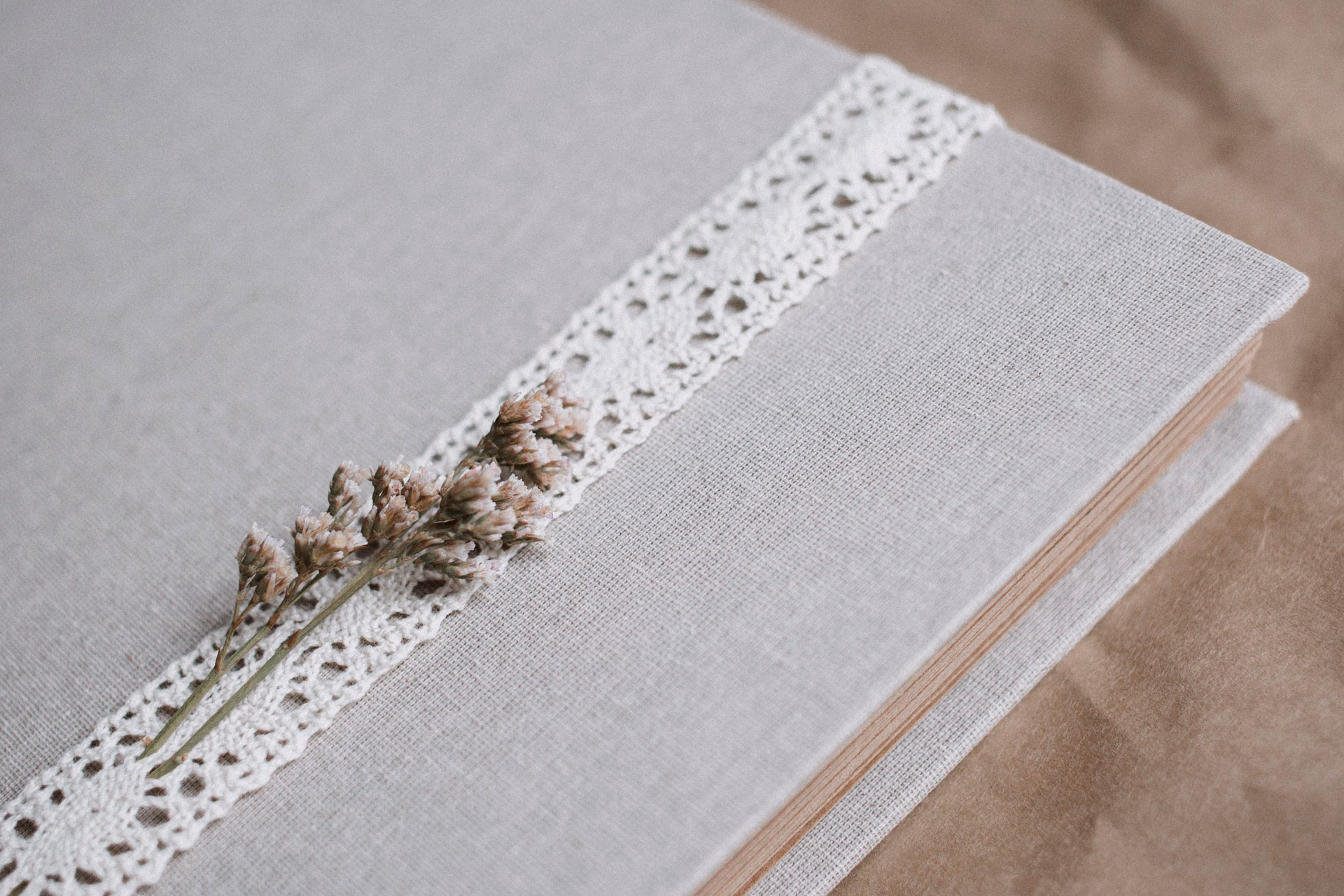 Nahaufnahme eines Fotoalbums mit Spitzenband und Trockenblume
