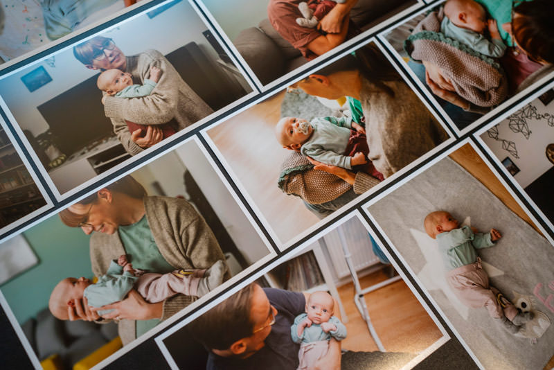 Perspektive auf hochwertige Fotoabzüge einer Newborn-Homestory
